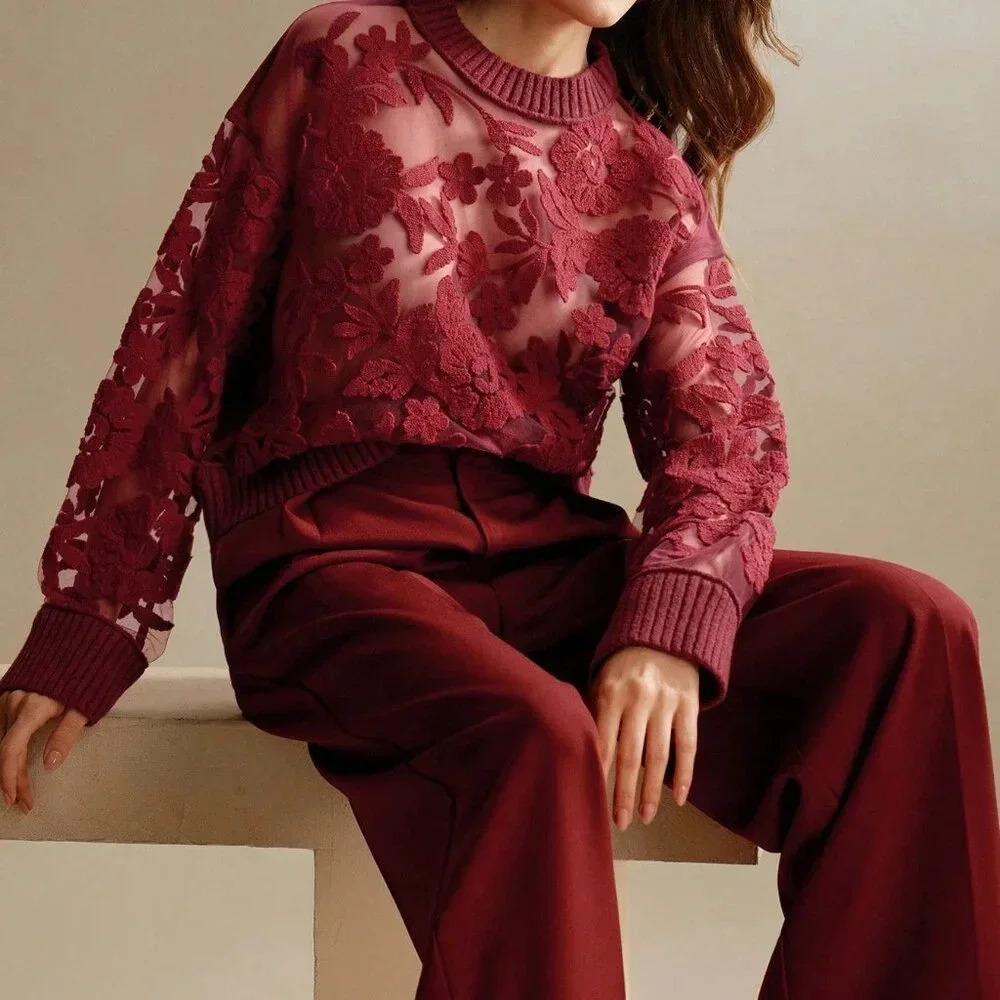 Burgundy Casual Women's Floral Pattern Round Neck Long Sleeve Knit Sweater